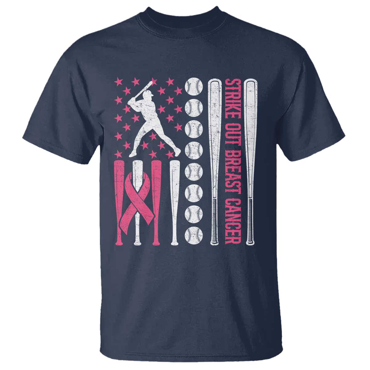 Baseball Breast Cancer T Shirt Pink Ribbon Strike Out Breast Cancer American Flag TS10 Navy Print Your Wear