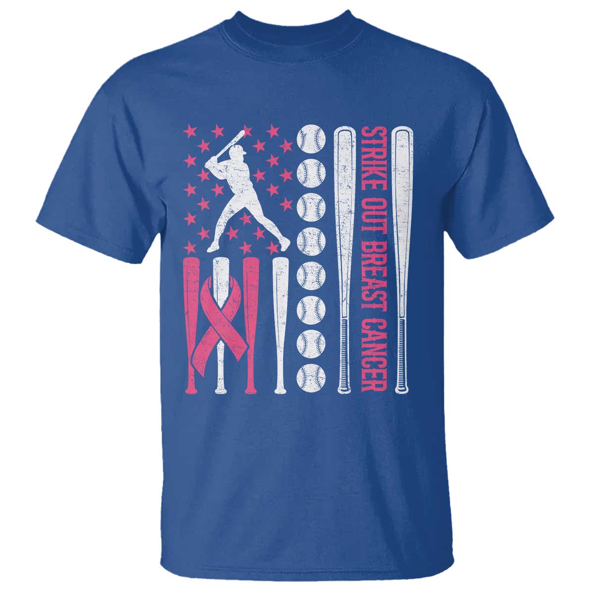 Baseball Breast Cancer T Shirt Pink Ribbon Strike Out Breast Cancer American Flag TS10 Royal Blue Print Your Wear