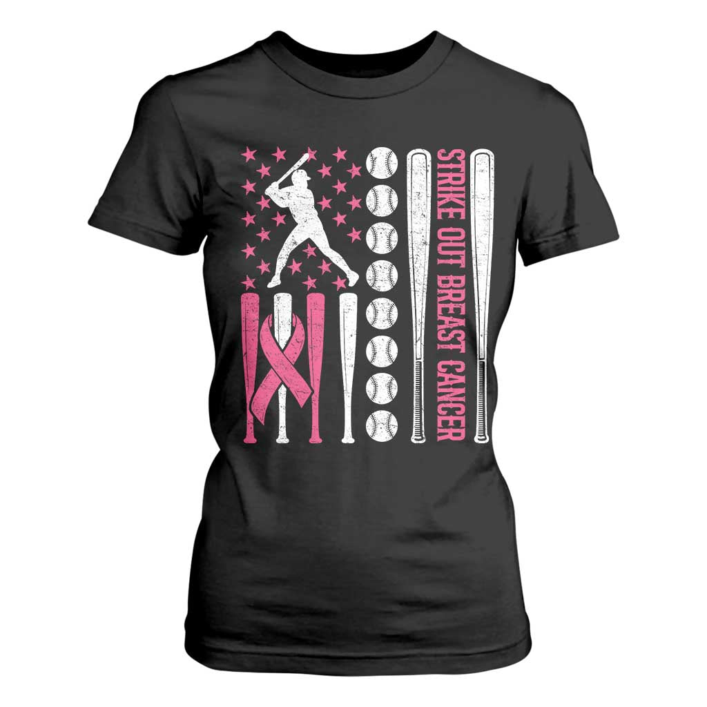 Baseball Breast Cancer T Shirt For Women Pink Ribbon Strike Out Breast Cancer American Flag TS10 Black Print Your Wear