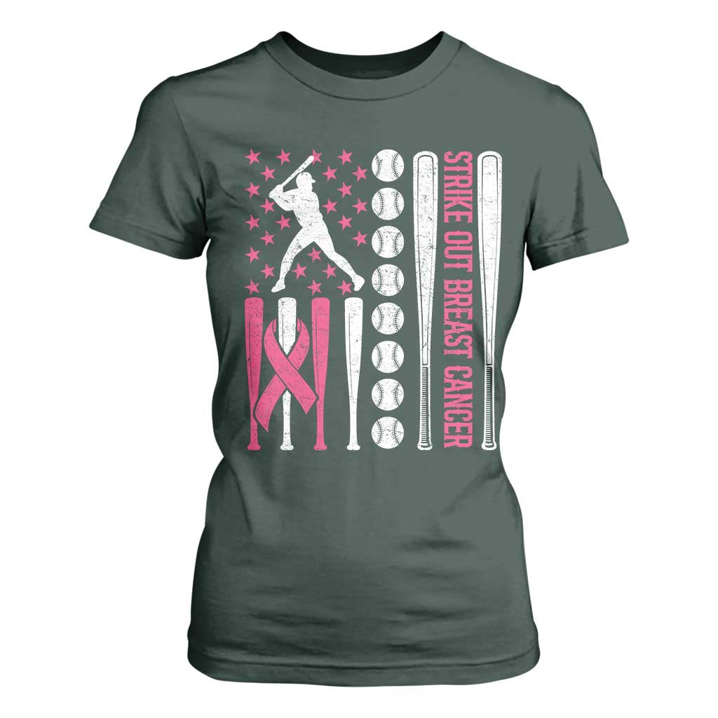 Baseball Breast Cancer T Shirt For Women Pink Ribbon Strike Out Breast Cancer American Flag TS10 Dark Forest Green Print Your Wear