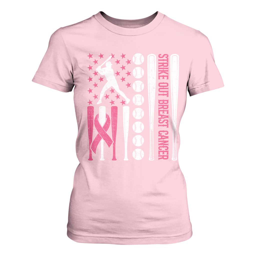 Baseball Breast Cancer T Shirt For Women Pink Ribbon Strike Out Breast Cancer American Flag TS10 Light Pink Print Your Wear