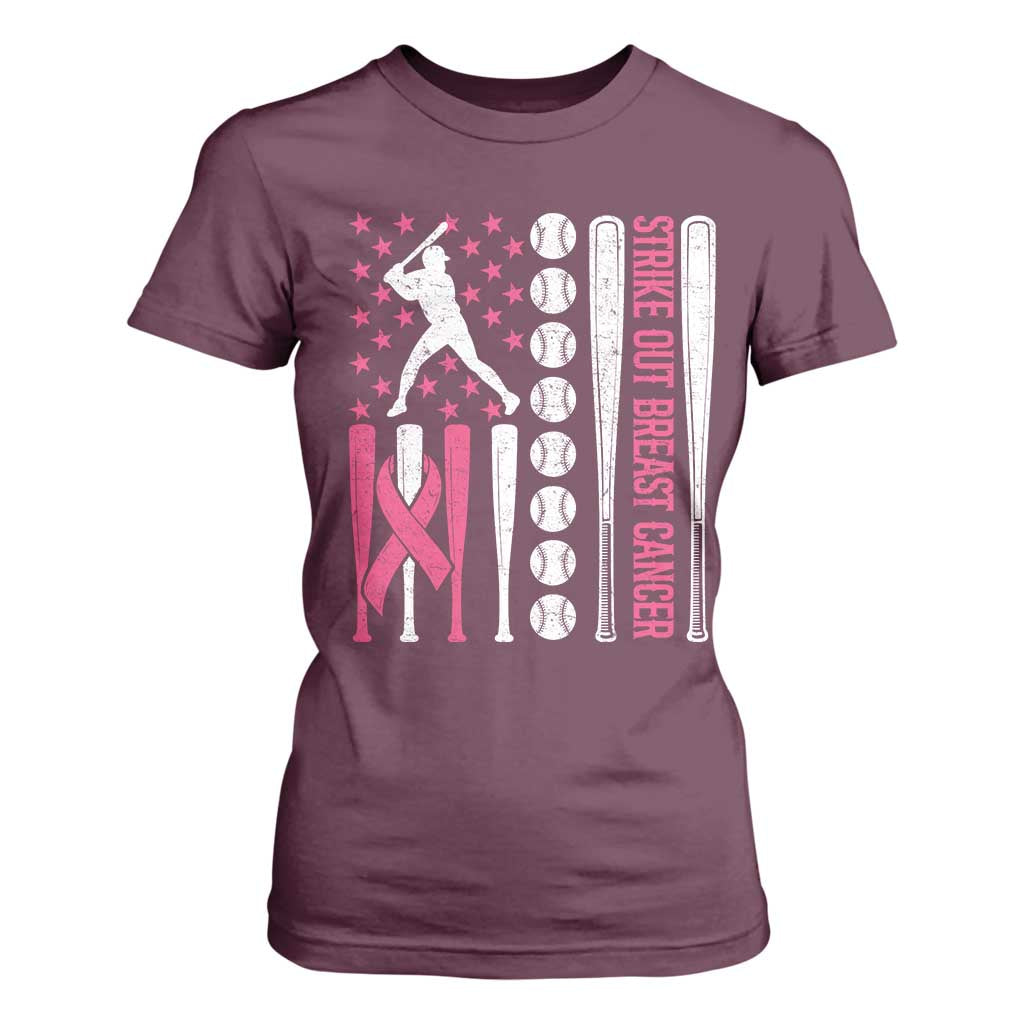 Baseball Breast Cancer T Shirt For Women Pink Ribbon Strike Out Breast Cancer American Flag TS10 Maroon Print Your Wear