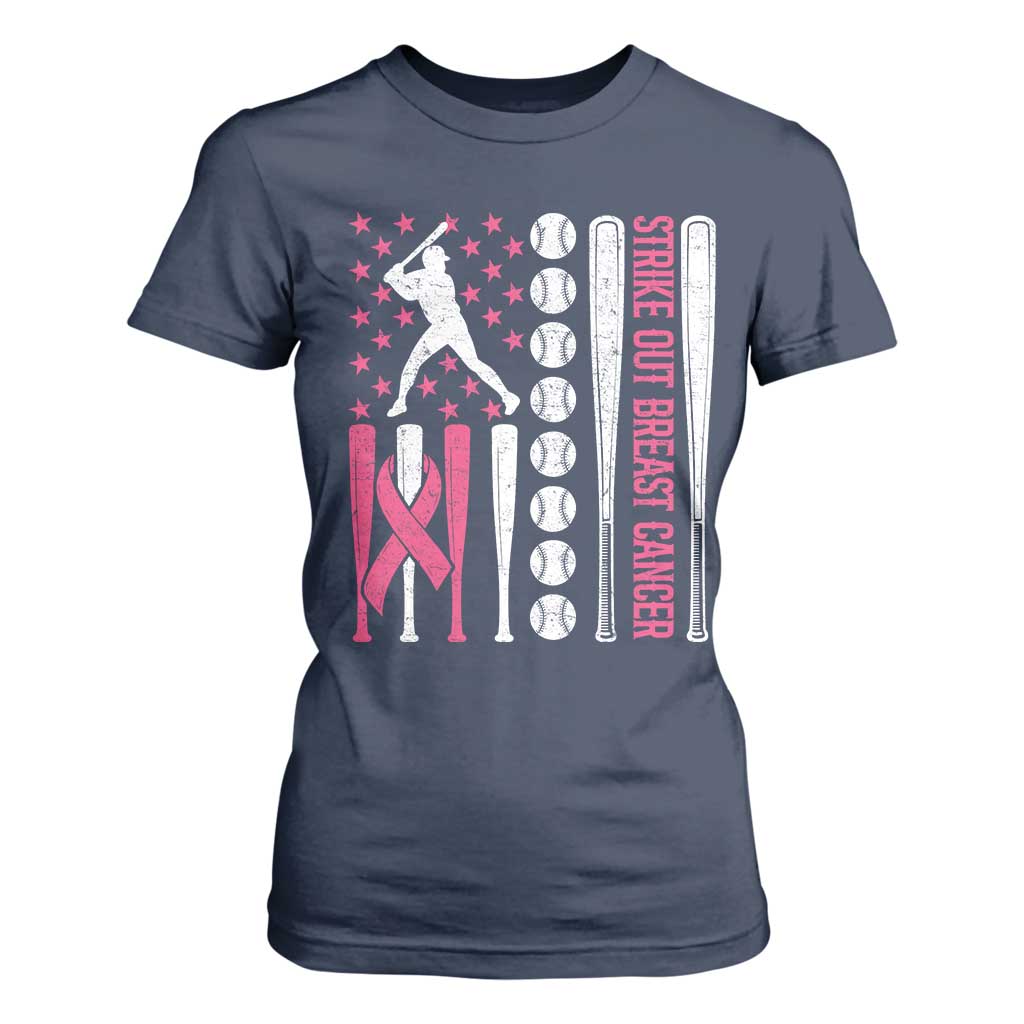 Baseball Breast Cancer T Shirt For Women Pink Ribbon Strike Out Breast Cancer American Flag TS10 Navy Print Your Wear