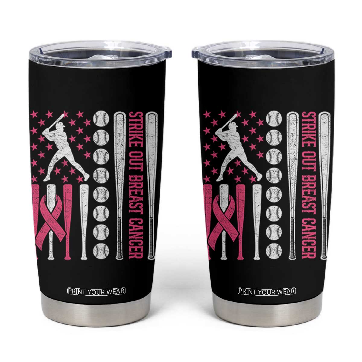 Baseball Breast Cancer Tumbler Cup Pink Ribbon Strike Out Breast Cancer American Flag TS10 Black Print Your Wear
