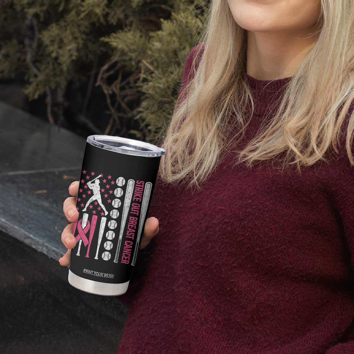 Baseball Breast Cancer Tumbler Cup Pink Ribbon Strike Out Breast Cancer American Flag TS10 Print Your Wear
