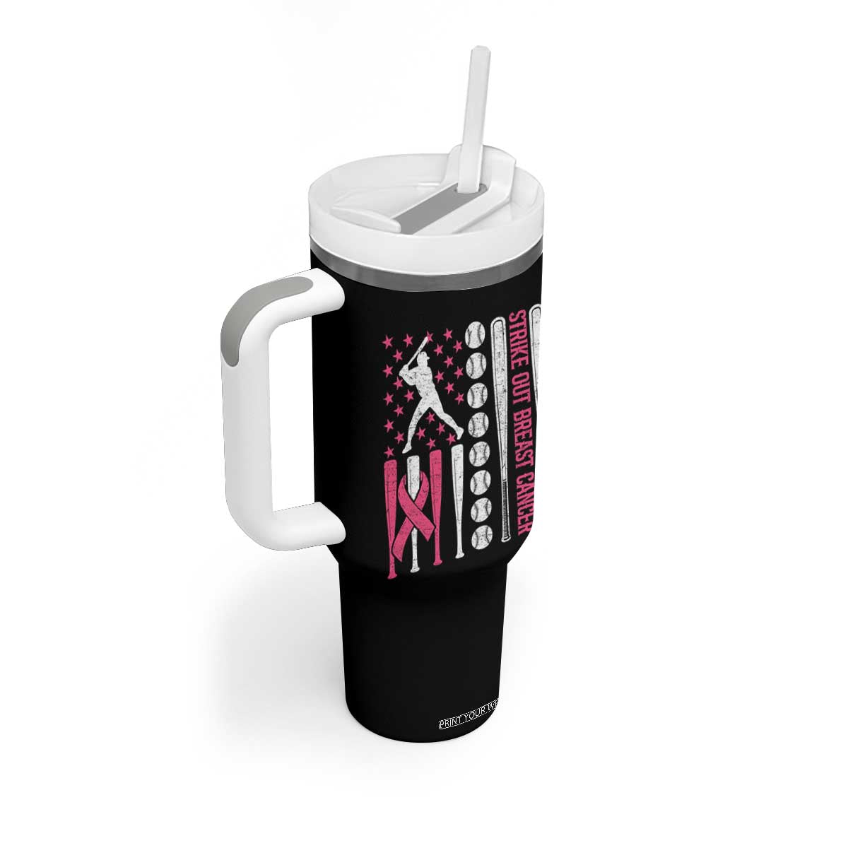 Baseball Breast Cancer Tumbler With Handle Pink Ribbon Strike Out Breast Cancer American Flag TS10 Print Your Wear
