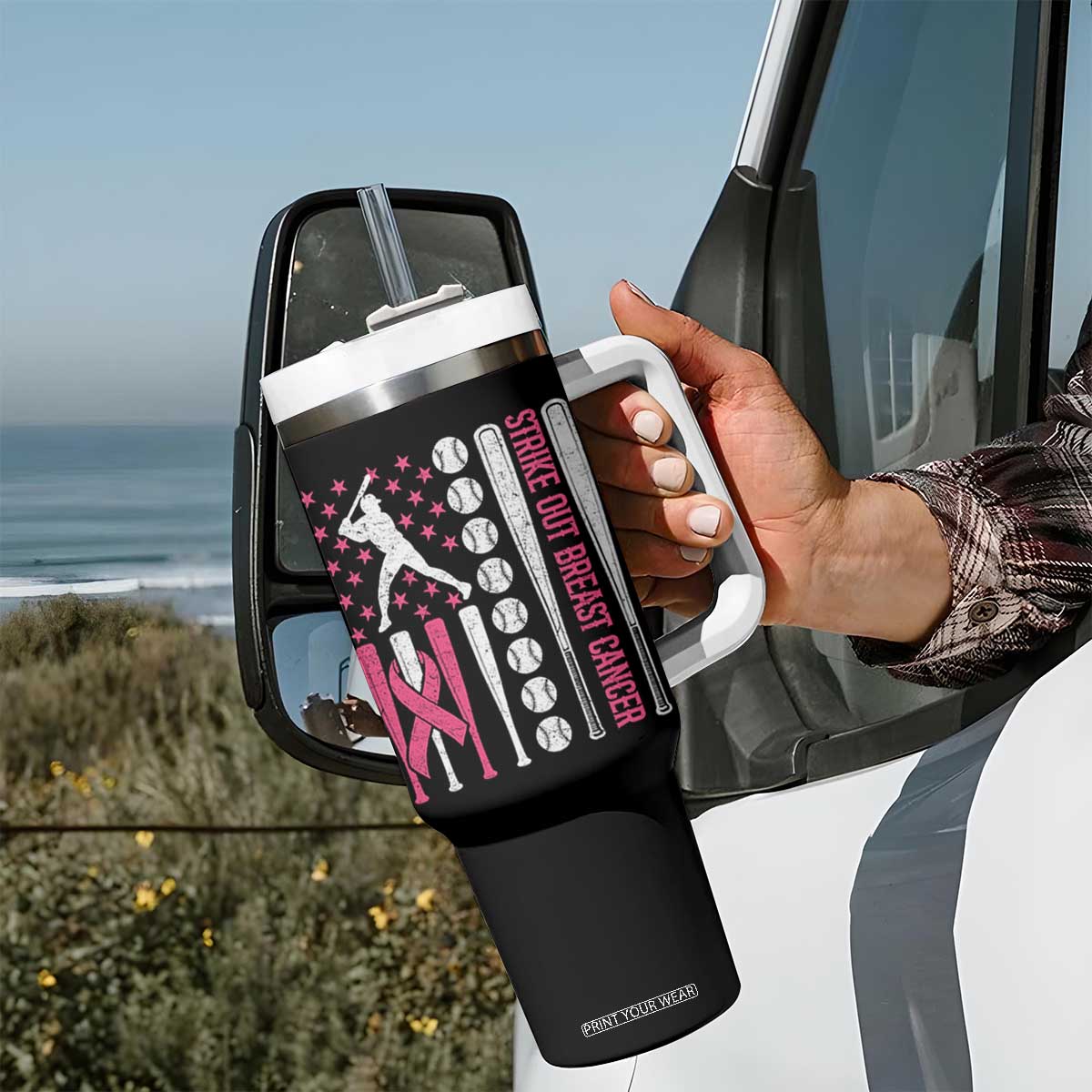 Baseball Breast Cancer Tumbler With Handle Pink Ribbon Strike Out Breast Cancer American Flag TS10 Print Your Wear