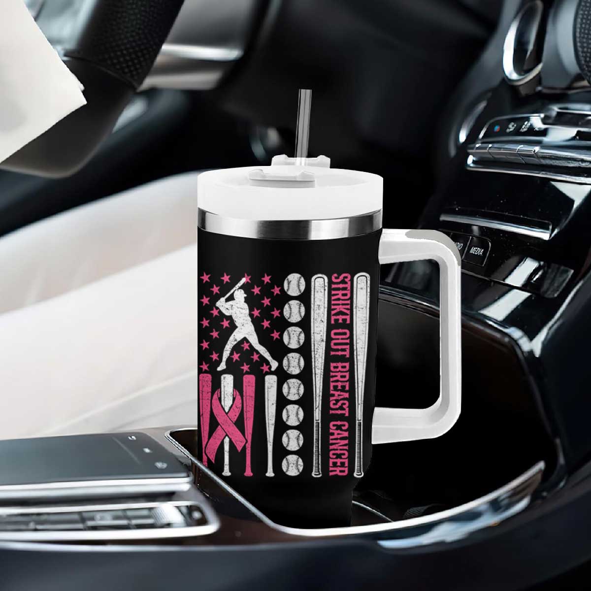 Baseball Breast Cancer Tumbler With Handle Pink Ribbon Strike Out Breast Cancer American Flag TS10 Print Your Wear