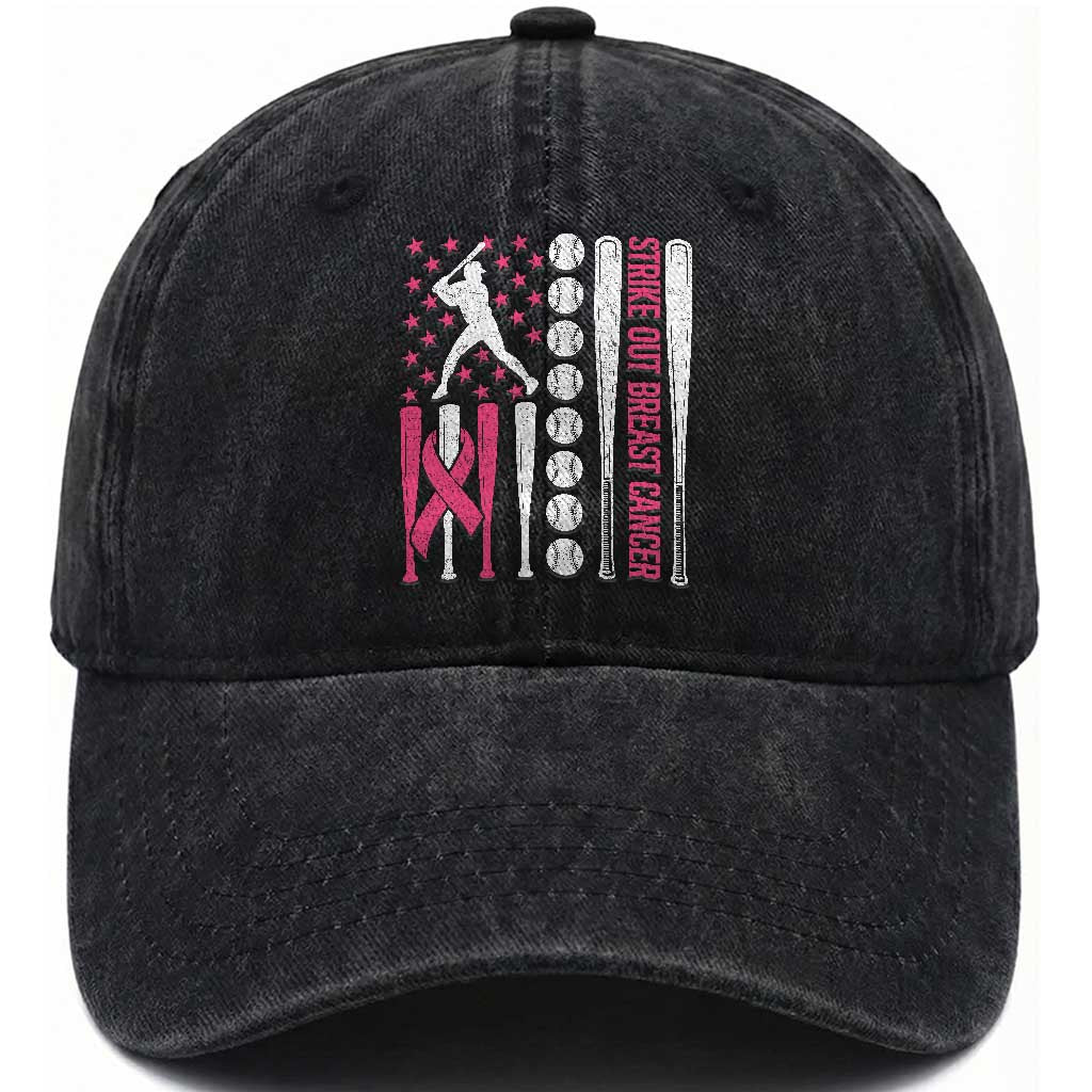 Baseball Breast Cancer Washed Cotton Baseball Cap Pink Ribbon Strike Out Breast Cancer American Flag TS10 Washed Cap Universal Fit Black Print Your Wear