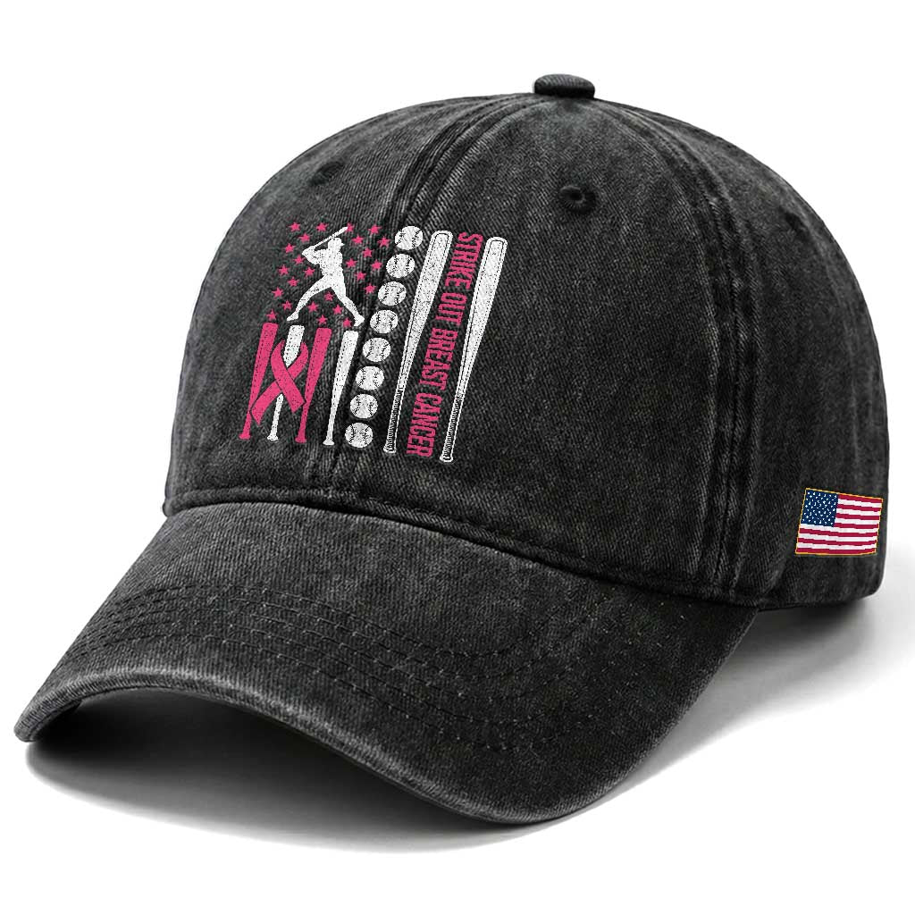 Baseball Breast Cancer Washed Cotton Baseball Cap Pink Ribbon Strike Out Breast Cancer American Flag TS10 Print Your Wear