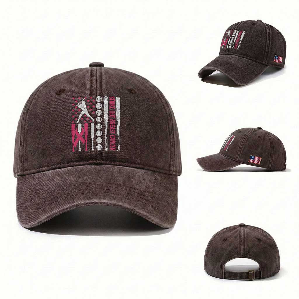 Baseball Breast Cancer Washed Cotton Baseball Cap Pink Ribbon Strike Out Breast Cancer American Flag TS10 Washed Cap Universal Fit Dark Brown Print Your Wear