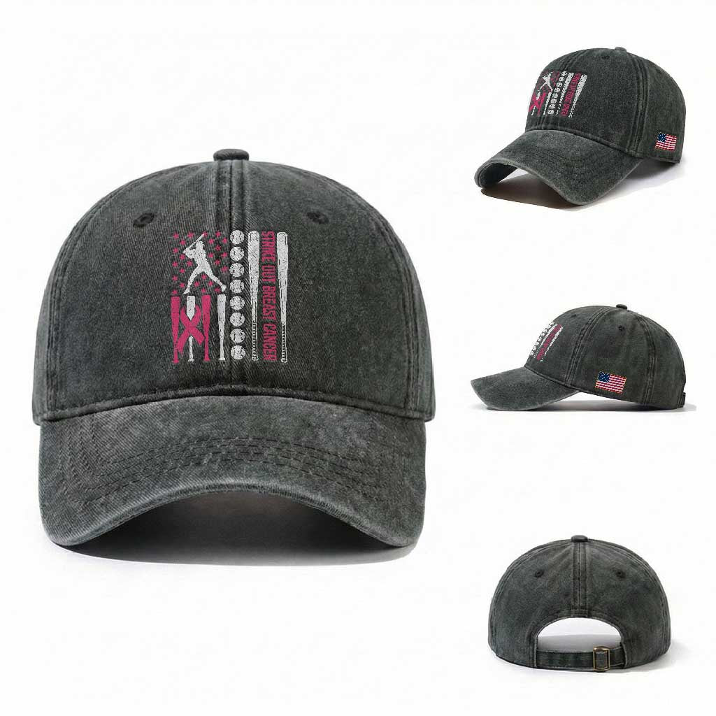 Baseball Breast Cancer Washed Cotton Baseball Cap Pink Ribbon Strike Out Breast Cancer American Flag TS10 Washed Cap Universal Fit Dark Green Print Your Wear