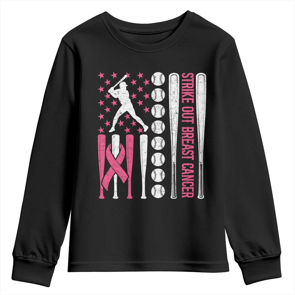 Baseball Breast Cancer Youth Sweatshirt Pink Ribbon Strike Out Breast Cancer American Flag TS10 Black Print Your Wear