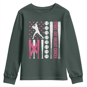 Baseball Breast Cancer Youth Sweatshirt Pink Ribbon Strike Out Breast Cancer American Flag TS10 Dark Forest Green Print Your Wear