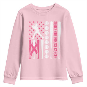 Baseball Breast Cancer Youth Sweatshirt Pink Ribbon Strike Out Breast Cancer American Flag TS10 Light Pink Print Your Wear