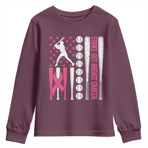 Baseball Breast Cancer Youth Sweatshirt Pink Ribbon Strike Out Breast Cancer American Flag TS10 Maroon Print Your Wear