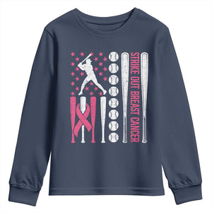 Baseball Breast Cancer Youth Sweatshirt Pink Ribbon Strike Out Breast Cancer American Flag TS10 Navy Print Your Wear