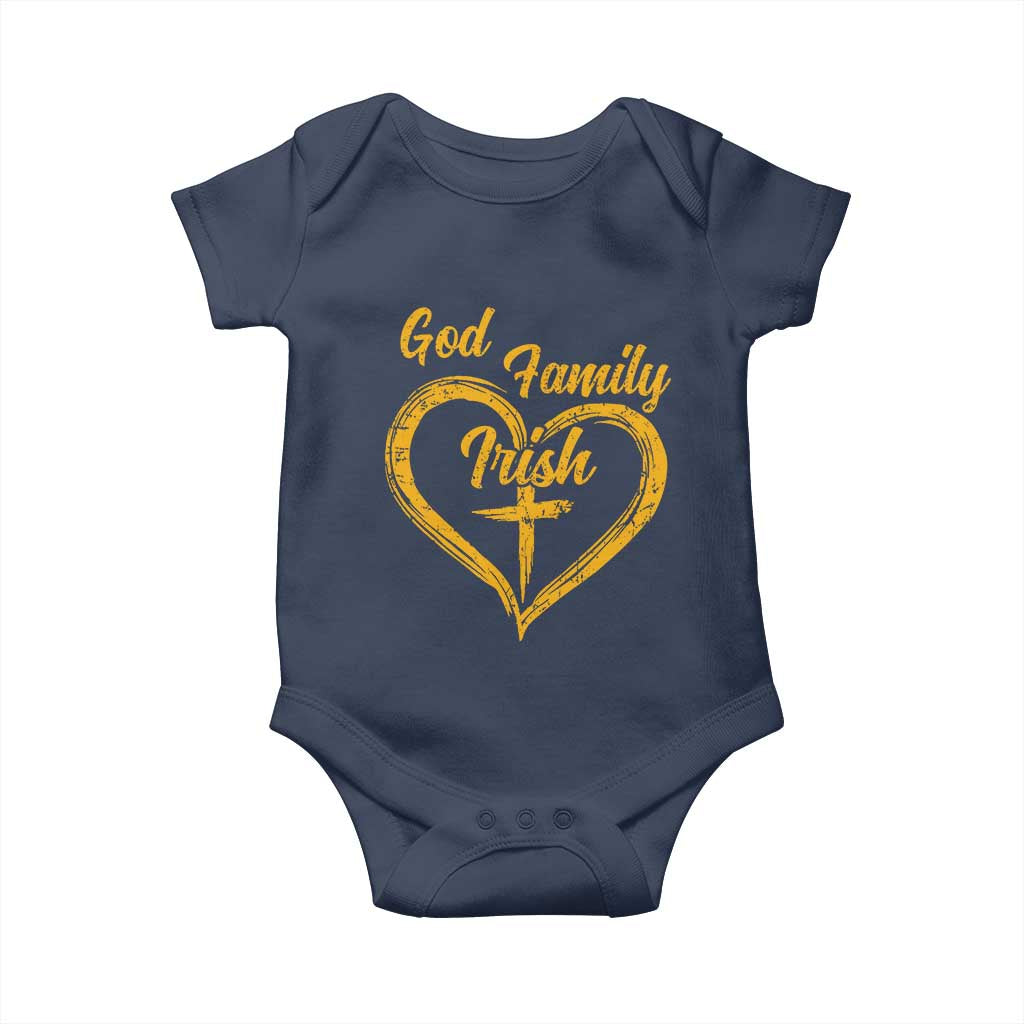God Family Irish Baby Onesie Vintage Cross In Heart Christian Notre Dame Game Day TS10 Navy Print Your Wear