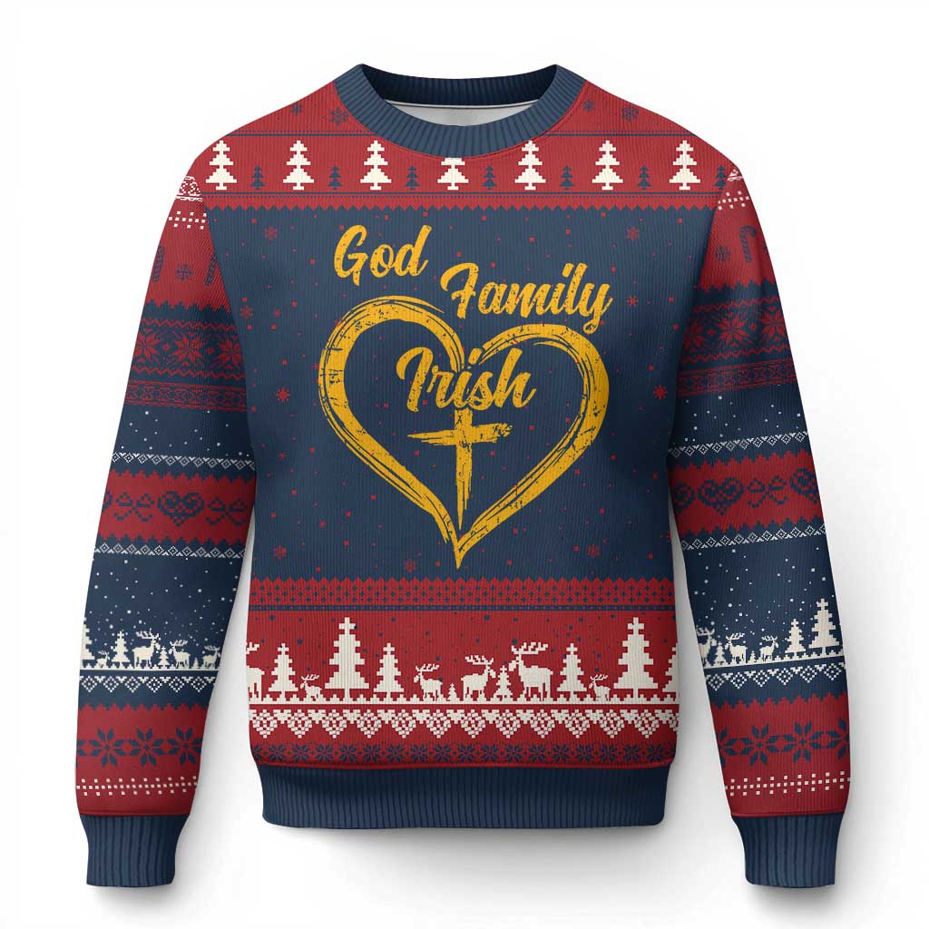 God Family Irish Ugly Christmas Sweater Vintage Cross In Heart Christian Notre Dame Game Day TS10 Navy Red Print Your Wear