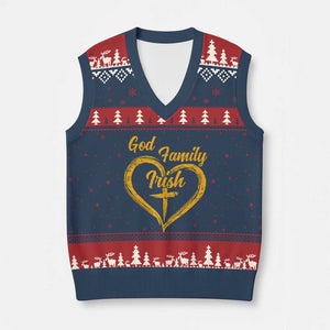 God Family Irish V-Neck Knit Sweater Vest Vintage Cross In Heart Christian Notre Dame Game Day TS10 Navy Red Print Your Wear
