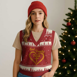 God Family Irish V-Neck Knit Sweater Vest Vintage Cross In Heart Christian Notre Dame Game Day TS10 Red Beige Print Your Wear