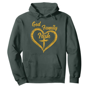 God Family Irish Hoodie Vintage Cross In Heart Christian Notre Dame Game Day TS10 Dark Forest Green Print Your Wear