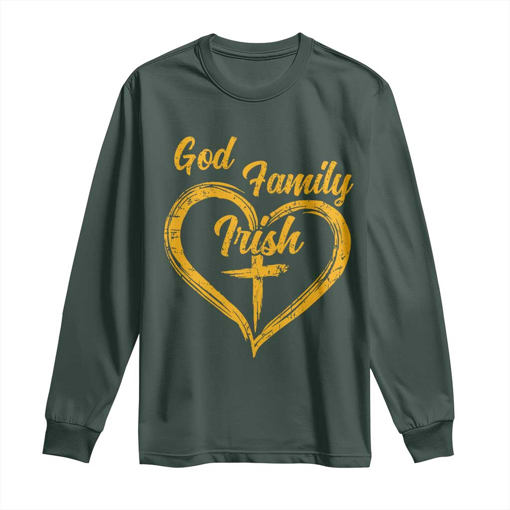 God Family Irish Long Sleeve Shirt Vintage Cross In Heart Christian Notre Dame Game Day TS10 Dark Forest Green Print Your Wear