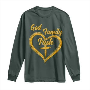 God Family Irish Long Sleeve Shirt Vintage Cross In Heart Christian Notre Dame Game Day TS10 Dark Forest Green Print Your Wear