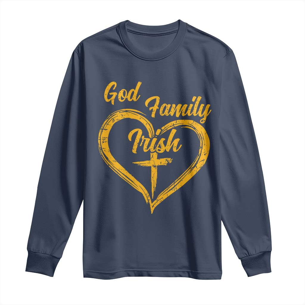 God Family Irish Long Sleeve Shirt Vintage Cross In Heart Christian Notre Dame Game Day TS10 Navy Print Your Wear