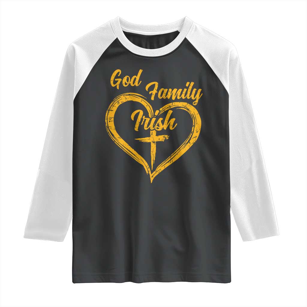 God Family Irish Raglan Shirt Vintage Cross In Heart Christian Notre Dame Game Day TS10 Black White Print Your Wear