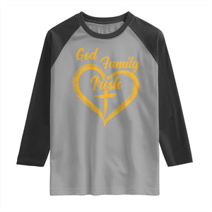 God Family Irish Raglan Shirt Vintage Cross In Heart Christian Notre Dame Game Day TS10 Sport Gray Black Print Your Wear