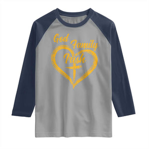 God Family Irish Raglan Shirt Vintage Cross In Heart Christian Notre Dame Game Day TS10 Sport Gray Navy Print Your Wear