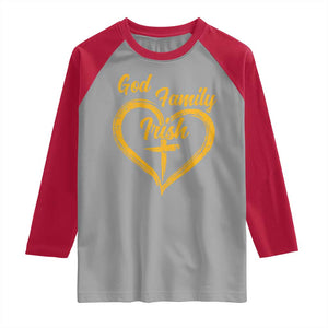 God Family Irish Raglan Shirt Vintage Cross In Heart Christian Notre Dame Game Day TS10 Sport Gray Red Print Your Wear