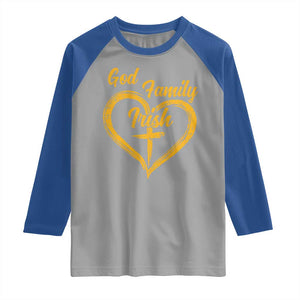 God Family Irish Raglan Shirt Vintage Cross In Heart Christian Notre Dame Game Day TS10 Sport Gray Royal Print Your Wear