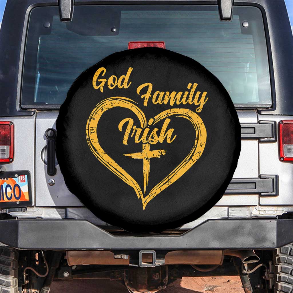 God Family Irish Spare Tire Cover Vintage Cross In Heart Christian Notre Dame Game Day TS10 No hole Black Print Your Wear
