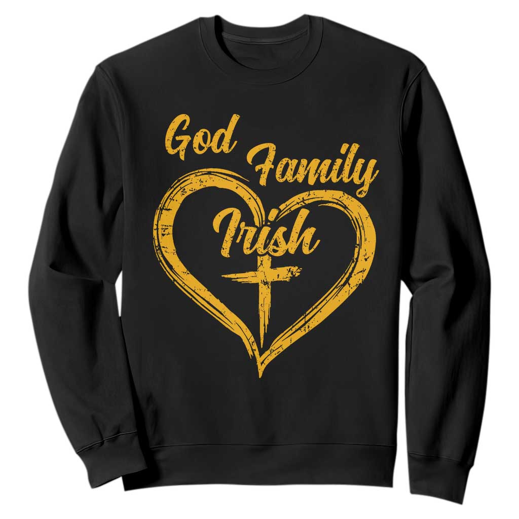 God Family Irish Sweatshirt Vintage Cross In Heart Christian Notre Dame Game Day TS10 Black Print Your Wear