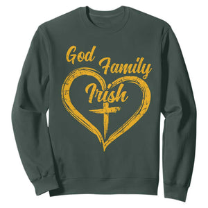 God Family Irish Sweatshirt Vintage Cross In Heart Christian Notre Dame Game Day TS10 Dark Forest Green Print Your Wear