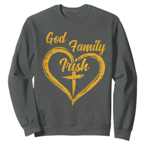 God Family Irish Sweatshirt Vintage Cross In Heart Christian Notre Dame Game Day TS10 Dark Heather Print Your Wear