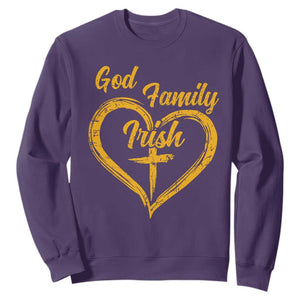 God Family Irish Sweatshirt Vintage Cross In Heart Christian Notre Dame Game Day TS10 Purple Print Your Wear