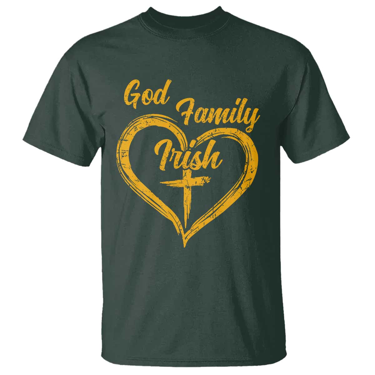 God Family Irish T Shirt Vintage Cross In Heart Christian Notre Dame Game Day TS10 Dark Forest Green Print Your Wear
