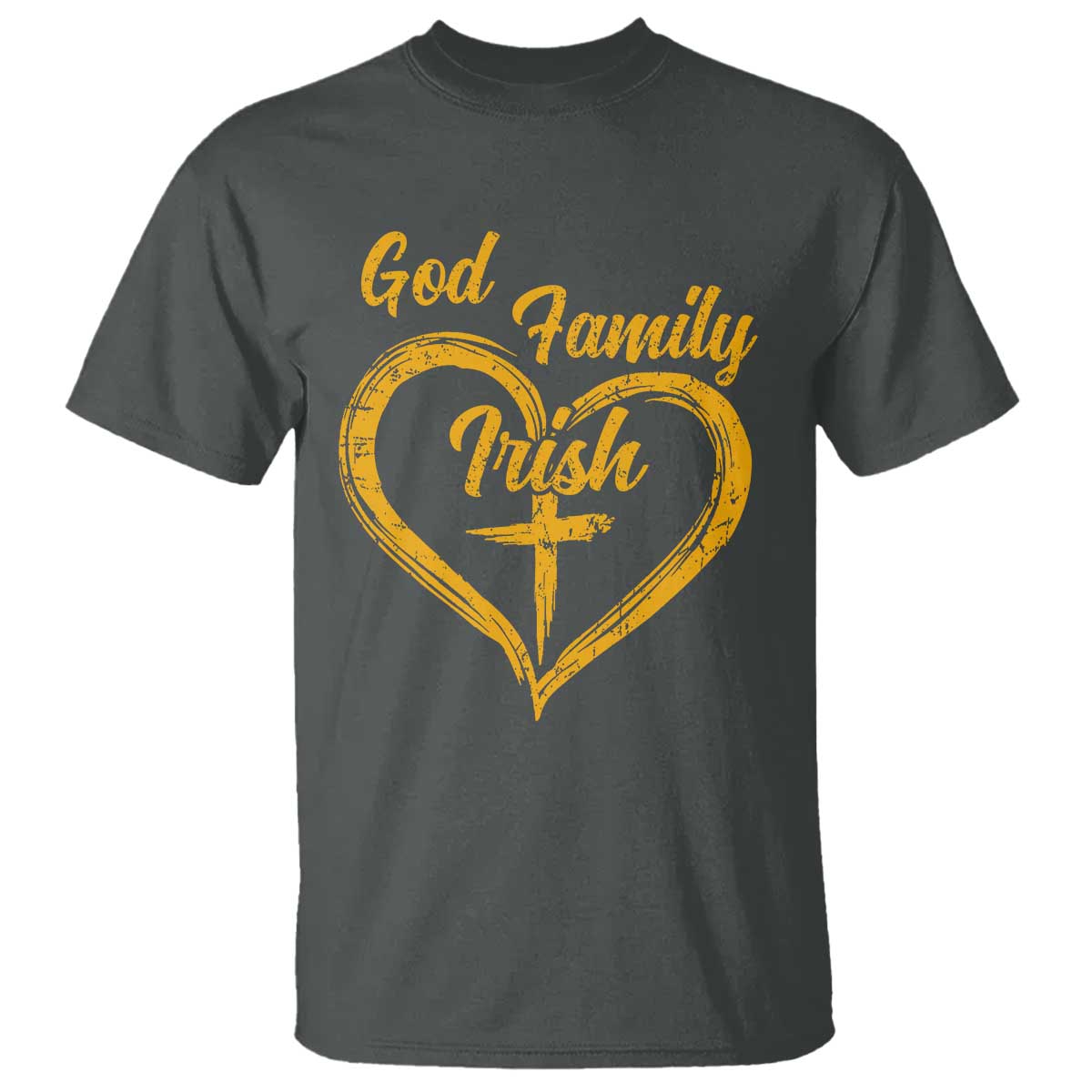 God Family Irish T Shirt Vintage Cross In Heart Christian Notre Dame Game Day TS10 Dark Heather Print Your Wear
