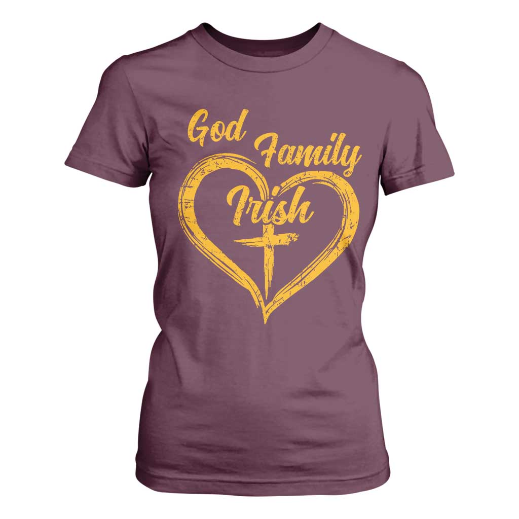 God Family Irish T Shirt For Women Vintage Cross In Heart Christian Notre Dame Game Day TS10 Maroon Print Your Wear