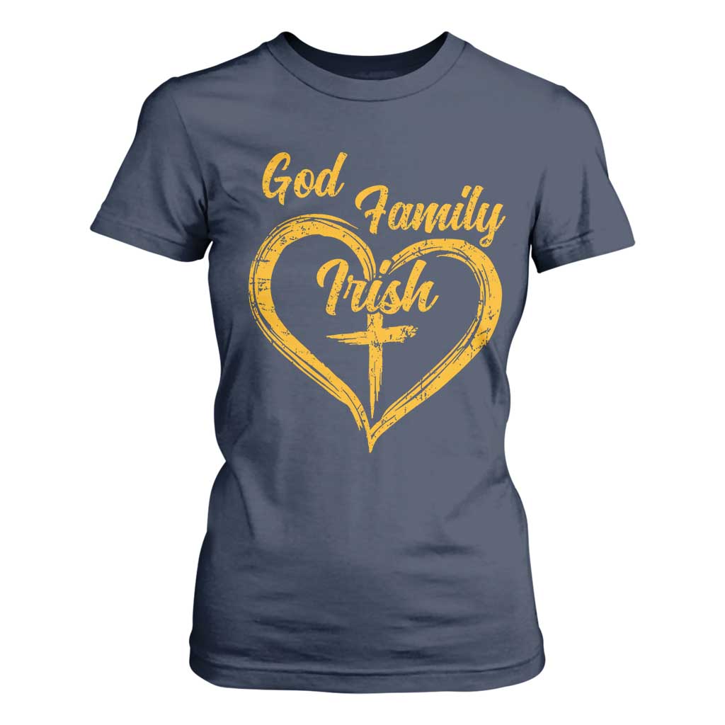 God Family Irish T Shirt For Women Vintage Cross In Heart Christian Notre Dame Game Day TS10 Navy Print Your Wear