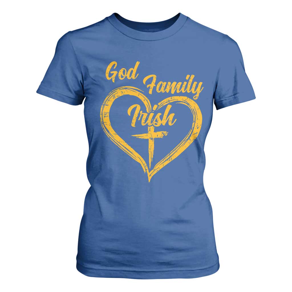 God Family Irish T Shirt For Women Vintage Cross In Heart Christian Notre Dame Game Day TS10 Royal Blue Print Your Wear