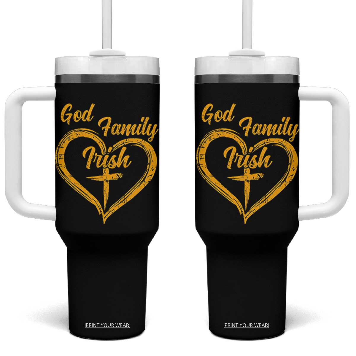 God Family Irish Tumbler With Handle Vintage Cross In Heart Christian Notre Dame Game Day - Print Your Wear