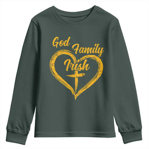 God Family Irish Youth Sweatshirt Vintage Cross In Heart Christian Notre Dame Game Day TS10 Dark Forest Green Print Your Wear