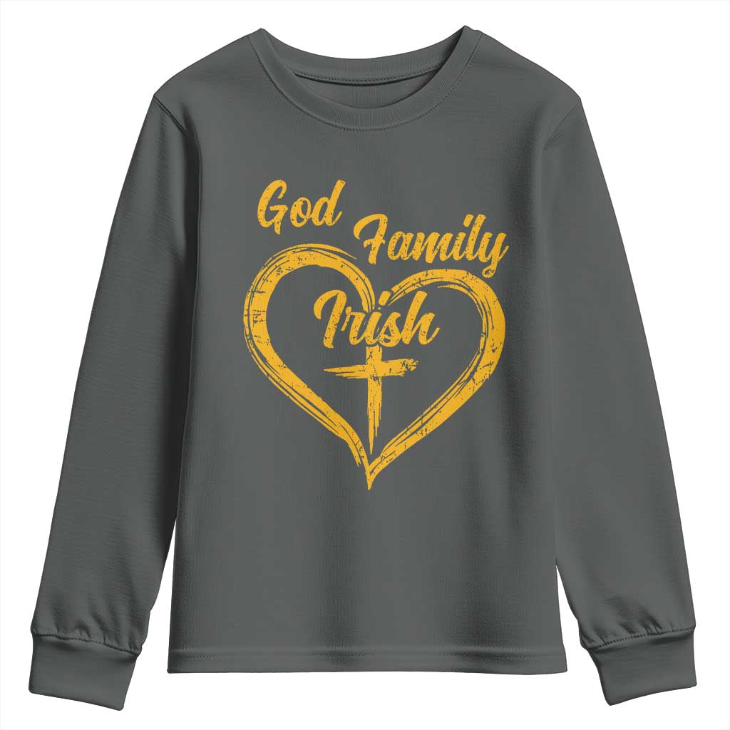 God Family Irish Youth Sweatshirt Vintage Cross In Heart Christian Notre Dame Game Day TS10 Dark Heather Print Your Wear