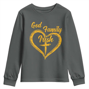 God Family Irish Youth Sweatshirt Vintage Cross In Heart Christian Notre Dame Game Day TS10 Dark Heather Print Your Wear