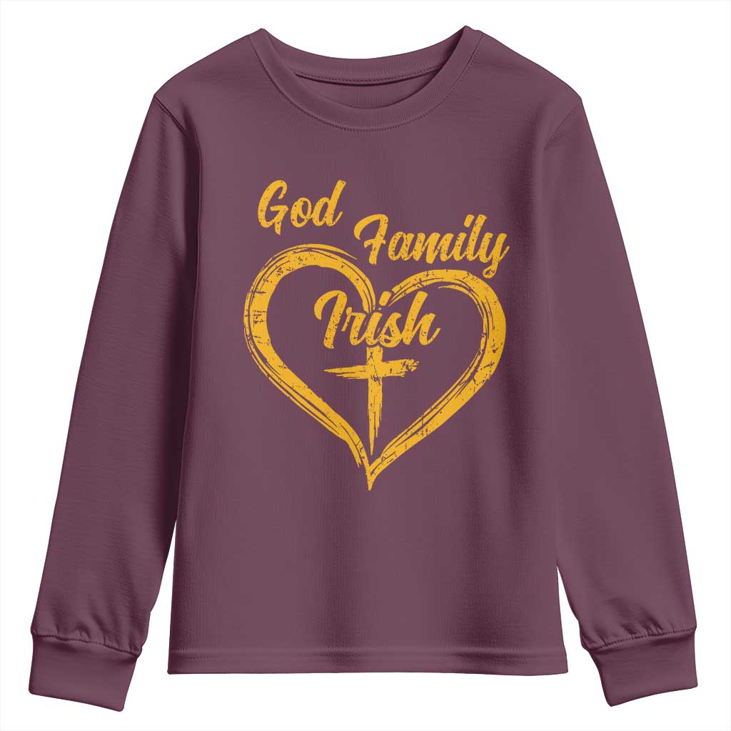 God Family Irish Youth Sweatshirt Vintage Cross In Heart Christian Notre Dame Game Day TS10 Maroon Print Your Wear