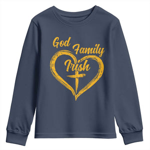 God Family Irish Youth Sweatshirt Vintage Cross In Heart Christian Notre Dame Game Day TS10 Navy Print Your Wear